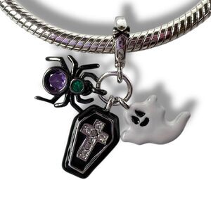 Coffin, Ghost, Spider Trio Halloween Triple Dangle Charm S925 Pandora Compatible